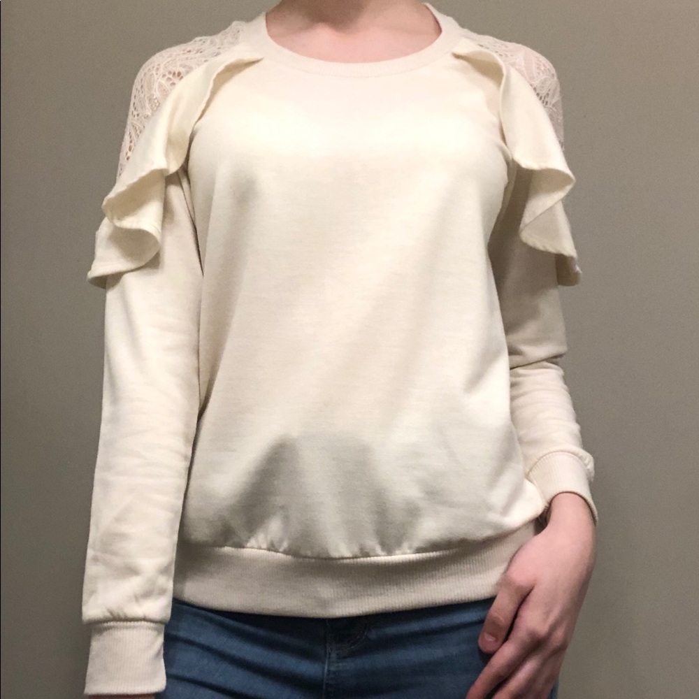 White Cold-Shoulder Sweater w/ Ruffles